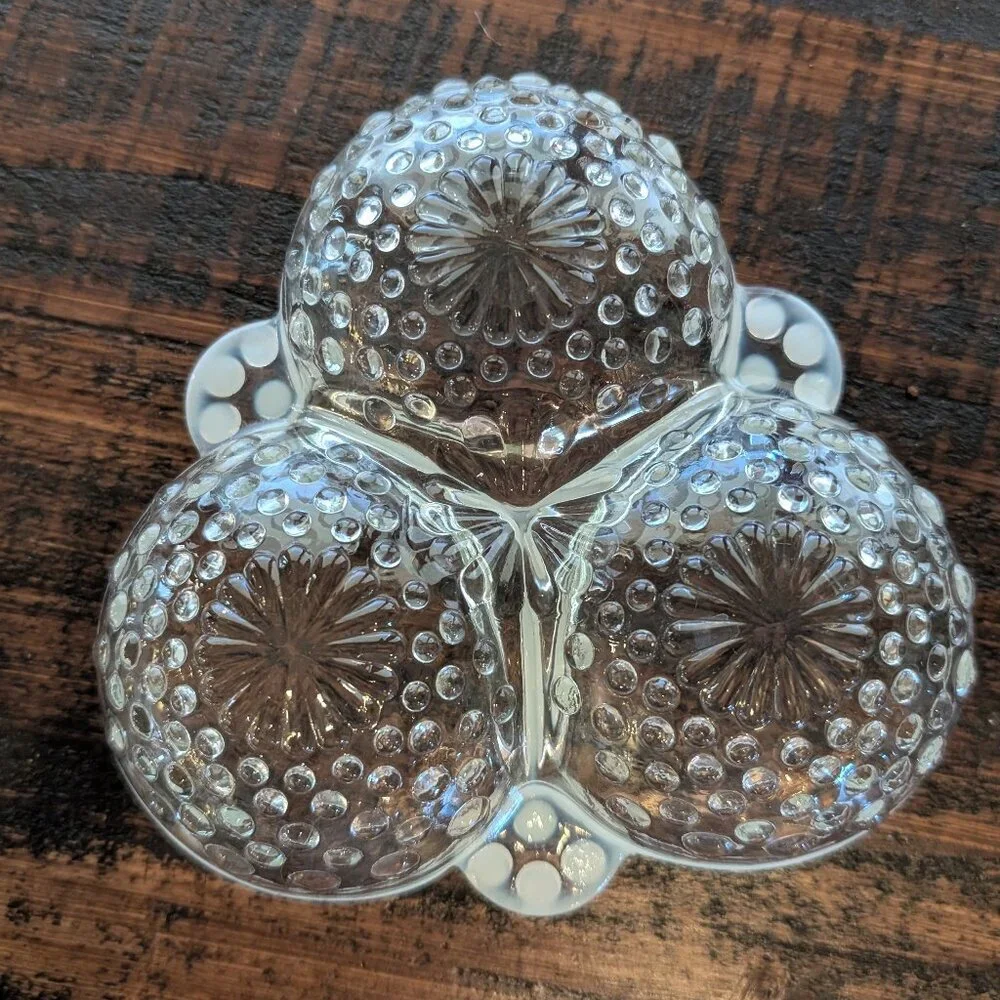 Vintage Fenton Moonstone Opalescent Hobnail Divided Candy Condiment Glass DIsh